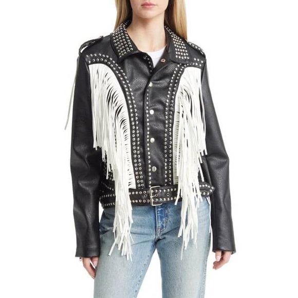Azalea Wang Studded Black Faux Leather White Fringe Detail Moto Jacket - Picture 5 of 7